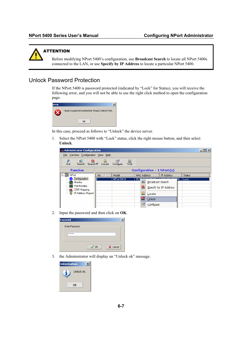 Unlock password protection, Unlock password protection -7 | Moxa Technologies NPort 5400 User Manual | Page 63 / 102