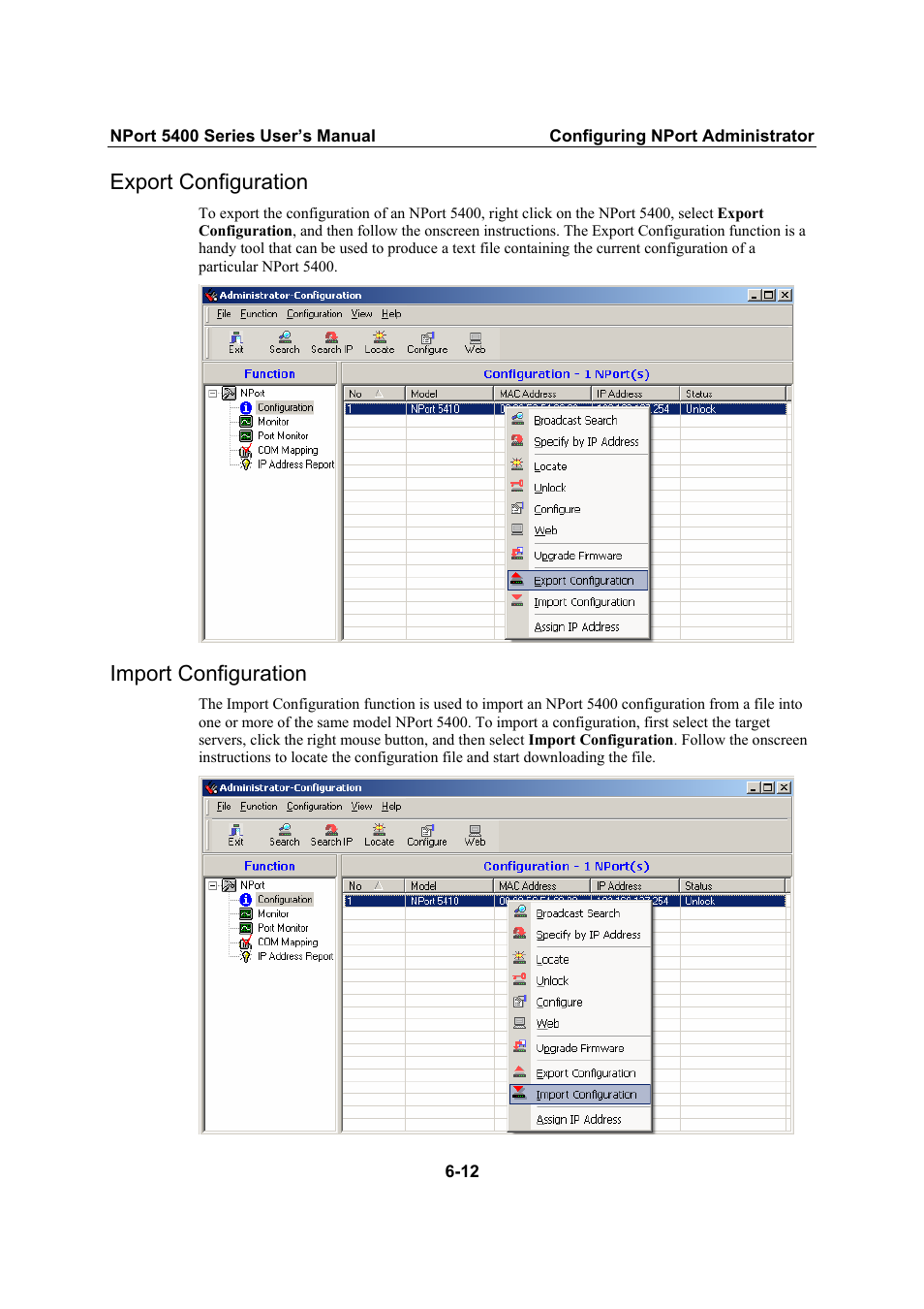 Export configuration, Import configuration, Export configuration -12 | Import configuration -12 | Moxa Technologies NPort 5400 User Manual | Page 68 / 102