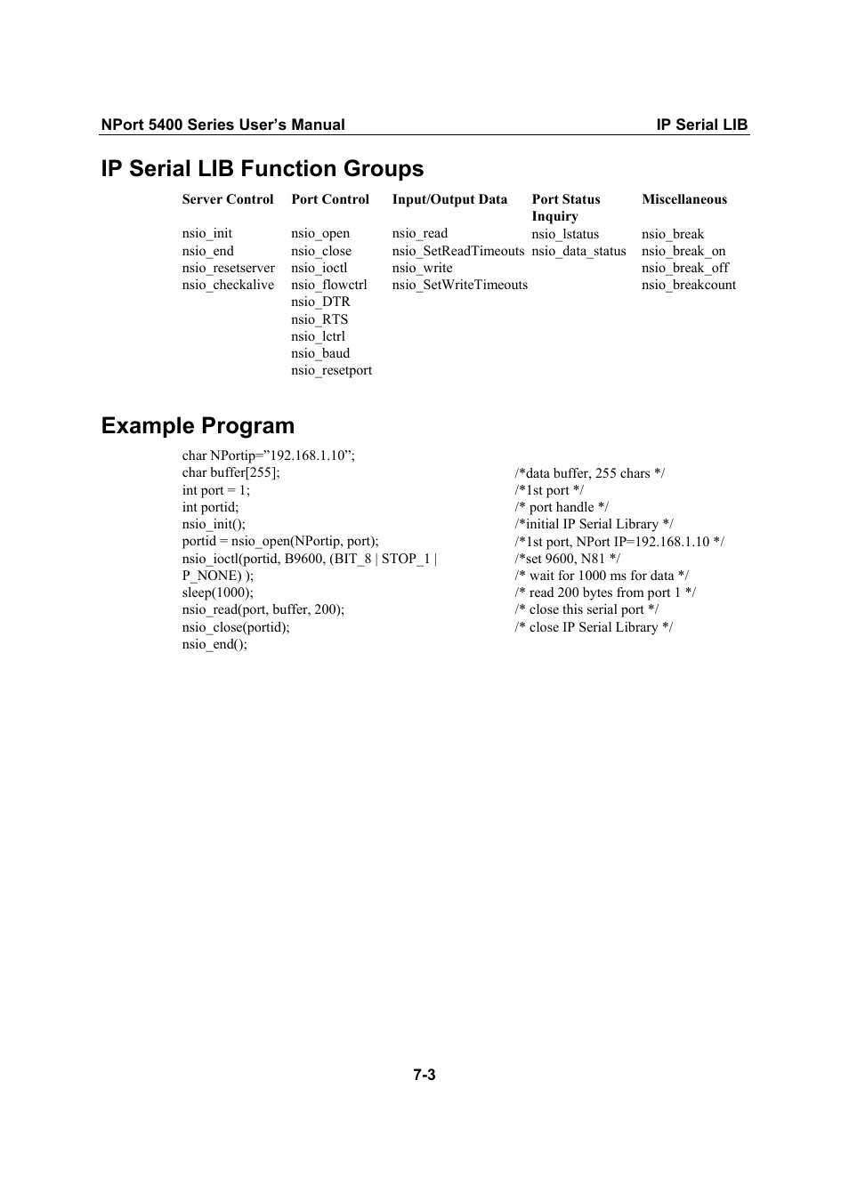 Ip serial lib function groups, Example program | Moxa Technologies NPort 5400 User Manual | Page 87 / 102