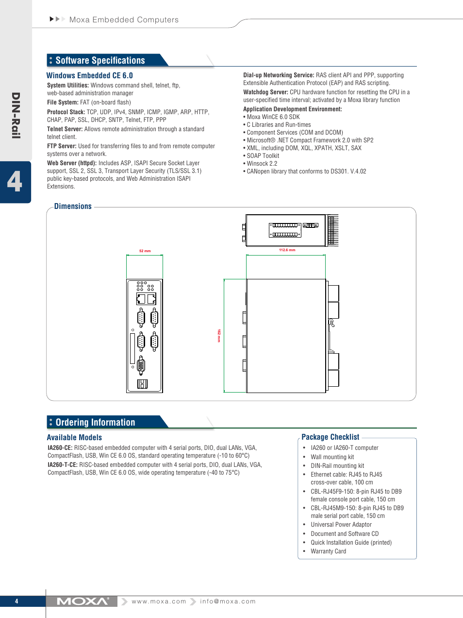 Din-rail, Software specifications, Ordering information | Moxa Technologies MOXA RISC-based computers IA260 User Manual | Page 3 / 3