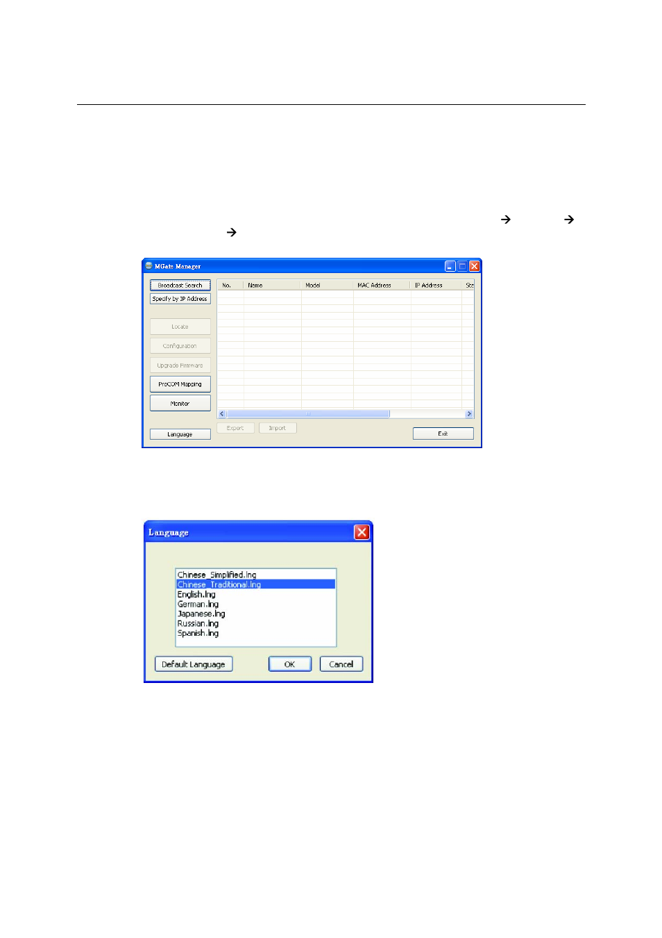Starting mgate manager, Change language setting, Starting mgate manager -6 | Change language setting -6, Connecting to the unit, Broadcast search | Moxa Technologies MGATE EIP3000 DF1 User Manual | Page 30 / 48