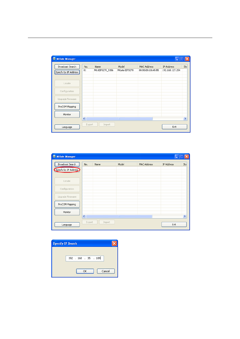 Specify by ip address, Specify by ip address -8, Configure ip address a | Moxa Technologies MGATE EIP3000 DF1 User Manual | Page 32 / 48