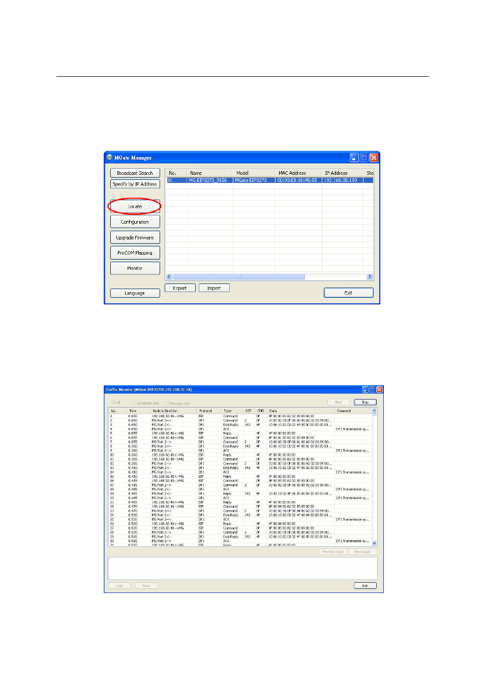 Verifying location of unit, Monitoring ethernet/ip activity, Verifying location of unit -17 | Monitoring ethernet/ip activity -17, Open traffic monitor w, Filter traffic information | Moxa Technologies MGATE EIP3000 DF1 User Manual | Page 41 / 48