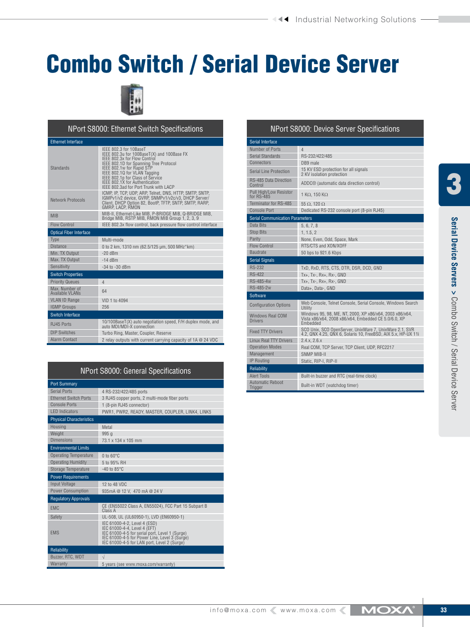 Combo switch / serial device server, Industrial networking solutions, Nport s8000: ethernet switch specifications | Nport s8000: general specifications, Nport s8000: device server specifications | Moxa Technologies MOXA V91 User Manual | Page 43 / 84