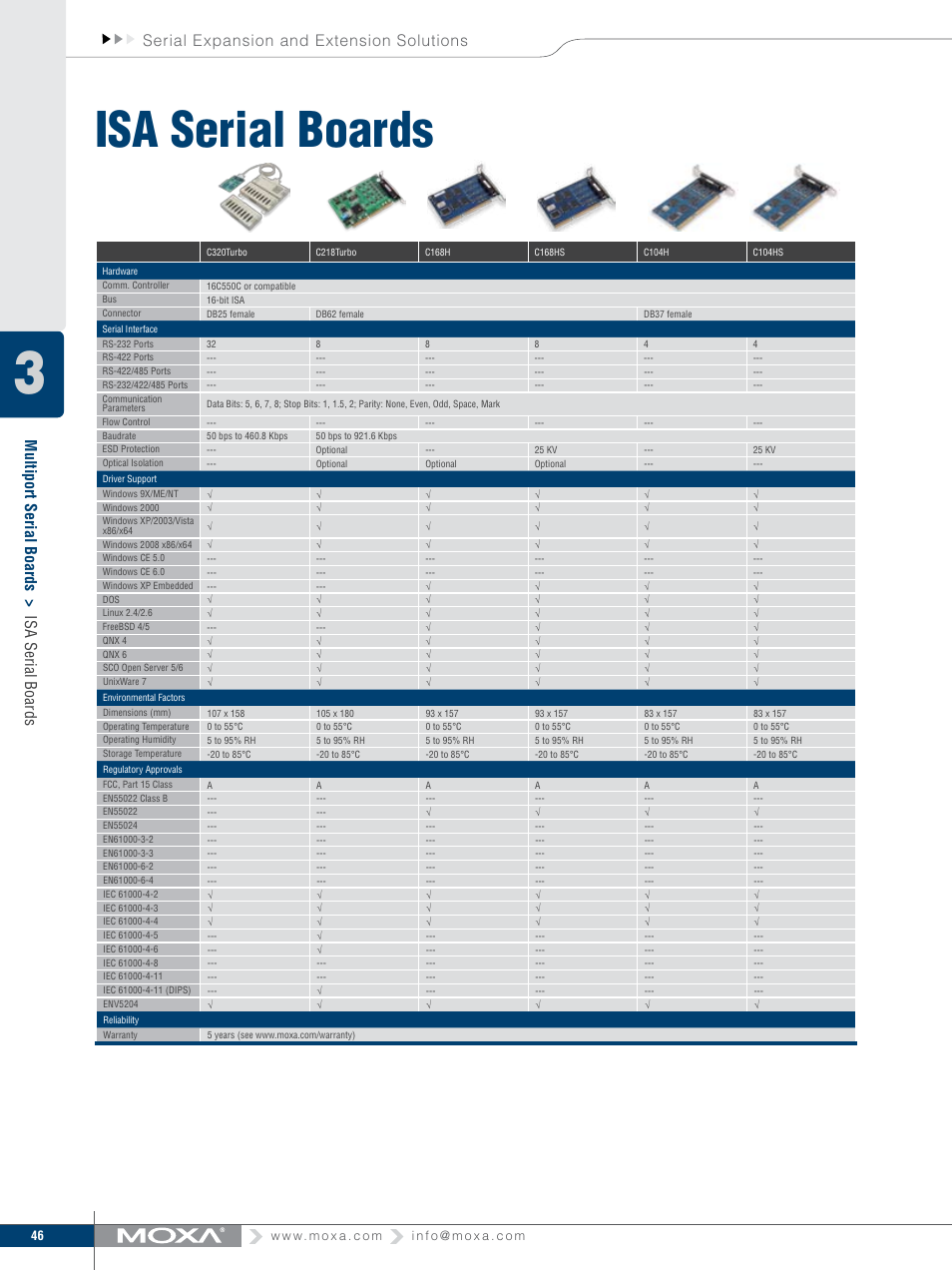 Isa serial boards, Serial expansion and extension solutions, Multiport serial boards > isa serial boards | Moxa Technologies MOXA V91 User Manual | Page 56 / 84