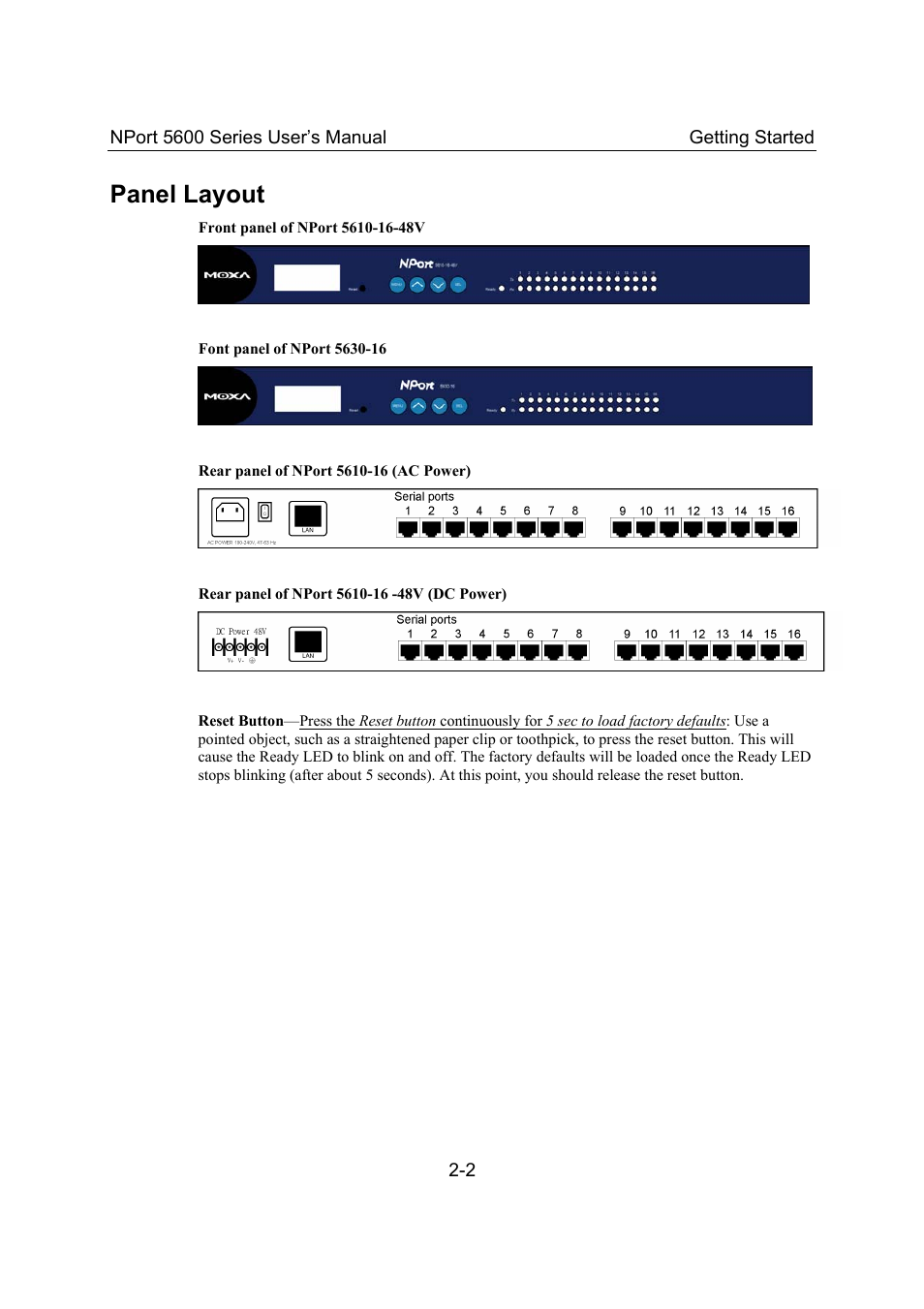 Panel layout, Panel layout -2 | Moxa Technologies 5600 User Manual | Page 10 / 93