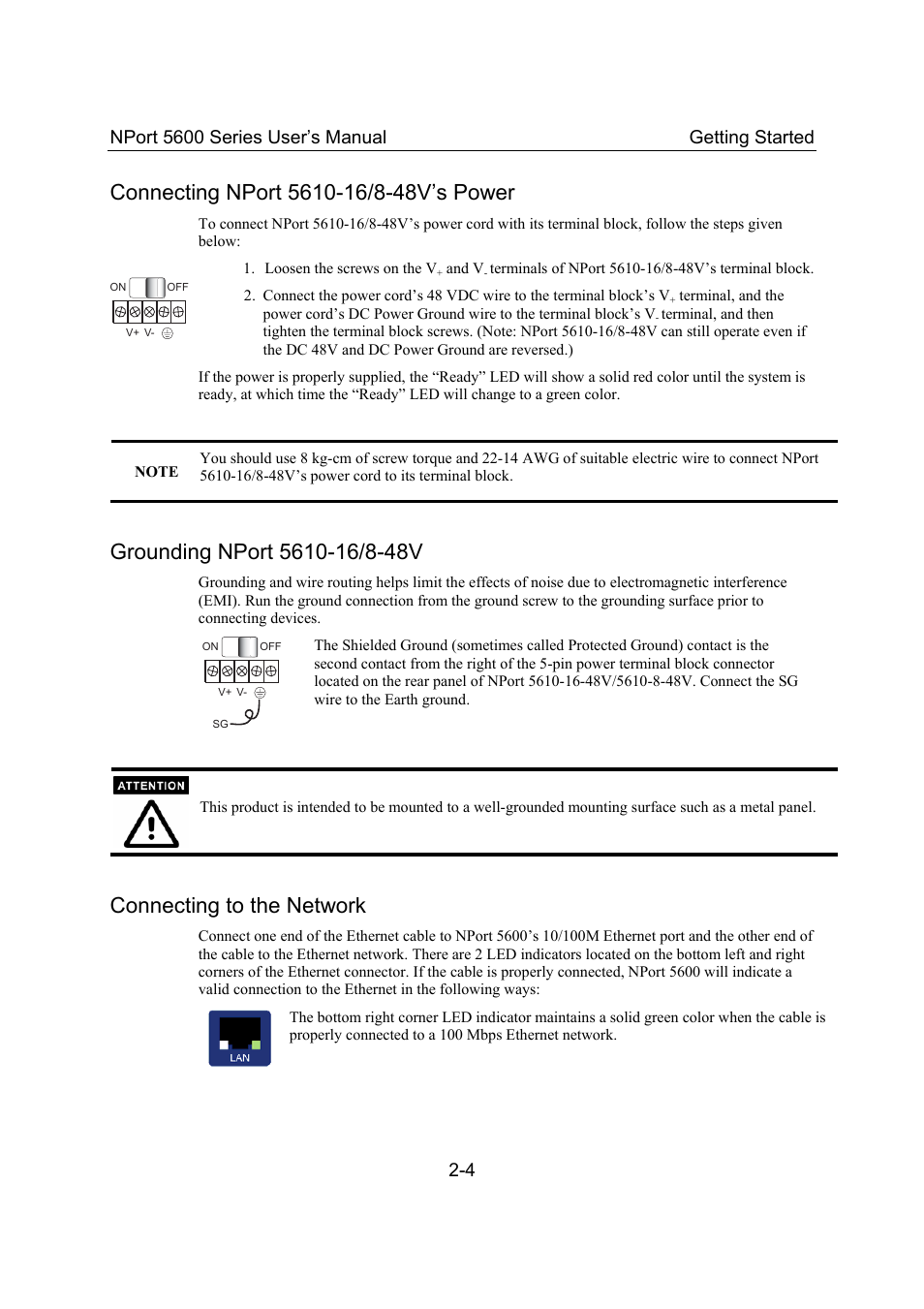 Connecting nport 5610-16/8-48v's power, Grounding nport 5610-16/8-48v, Connecting to the network | Connecting nport 5610-16/8-48v’s power -4, Grounding nport 5610-16/8-48v -4, Connecting to the network -4, Nport 5600 series user’s manual getting started | Moxa Technologies 5600 User Manual | Page 12 / 93