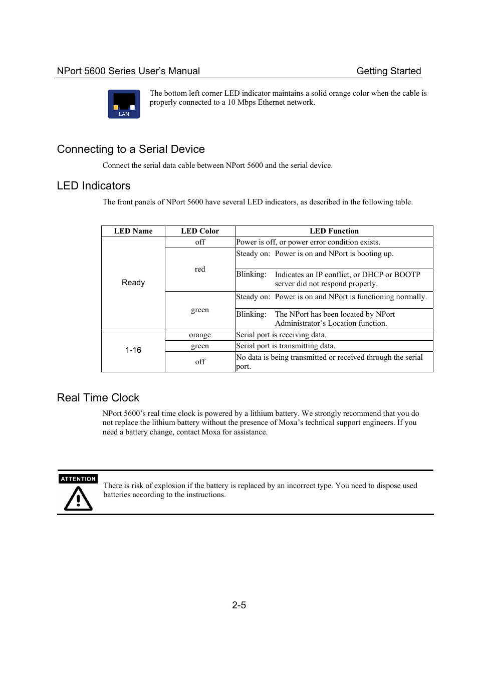 Connecting to a serial device, Led indicators, Real time clock | Connecting to a serial device -5, Led indicators -5, Real time clock -5 | Moxa Technologies 5600 User Manual | Page 13 / 93