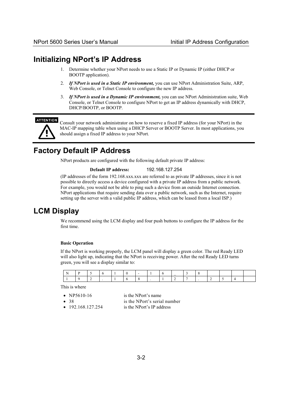 Initializing nport's ip address, Factory default ip address, Lcm display | Initializing nport’s ip address -2, Factory default ip address -2, Lcm display -2, Initializing nport’s ip address | Moxa Technologies 5600 User Manual | Page 16 / 93