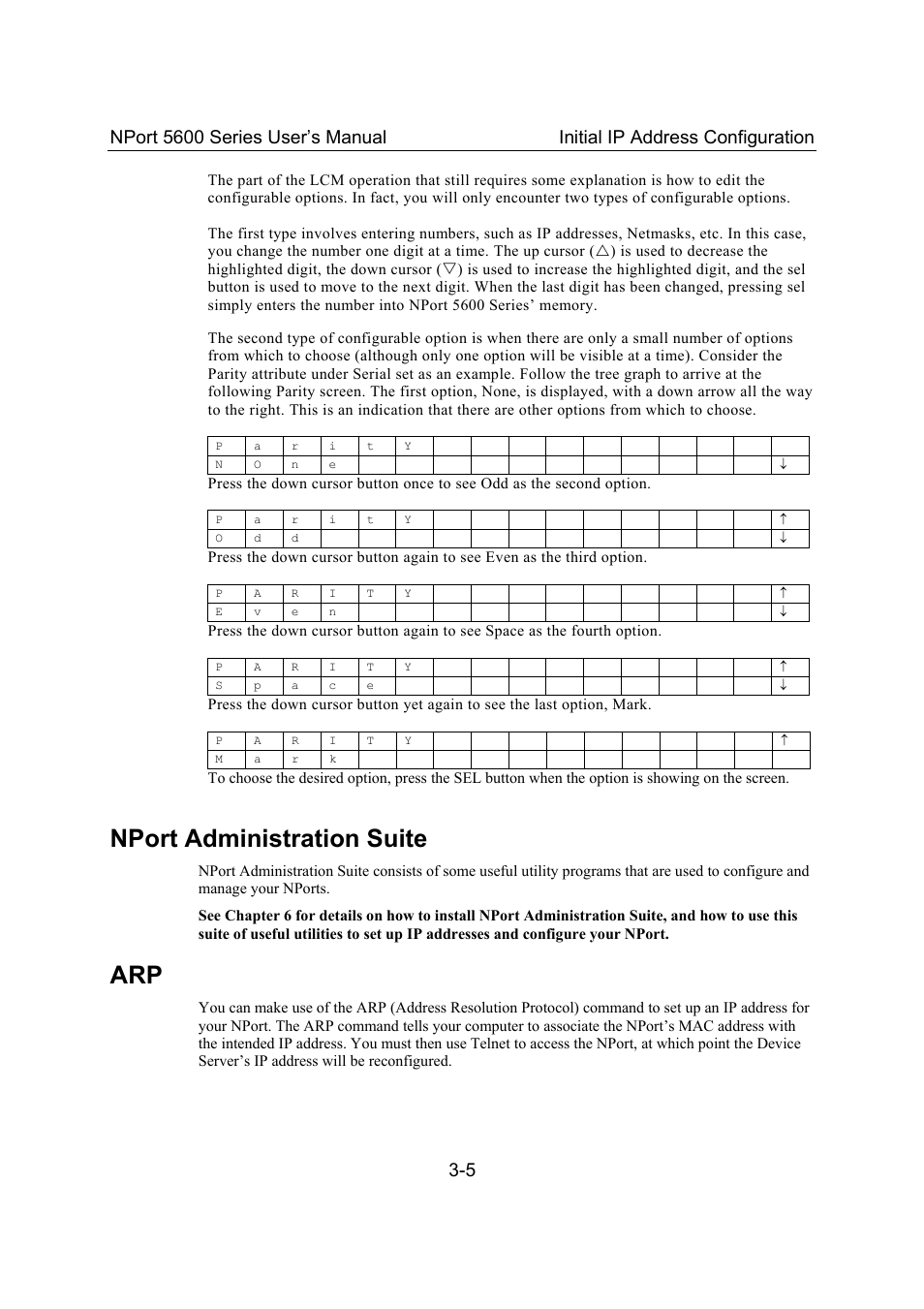 Nport administration suite, Nport administration suite -5, Arp -5 | Moxa Technologies 5600 User Manual | Page 19 / 93