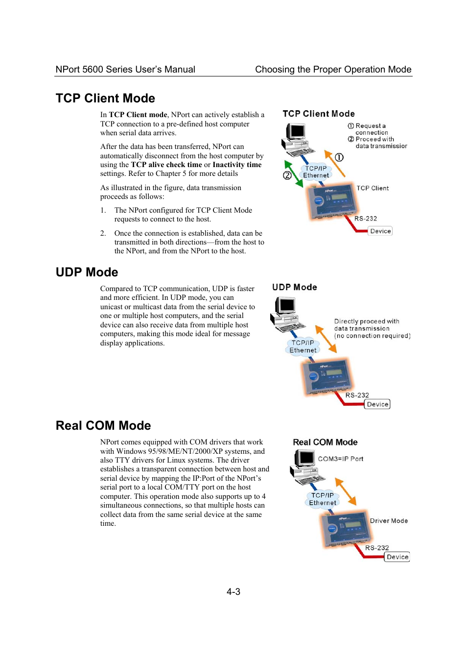Tcp client mode, Udp mode, Real com mode | Tcp client mode -3, Udp mode -3, Real com mode -3 | Moxa Technologies 5600 User Manual | Page 25 / 93