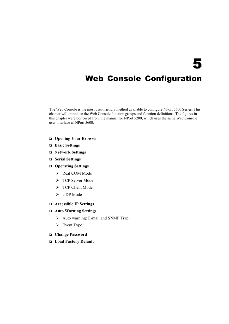 Chapter 5: web console configuration, Chapter 5, Web console configuration -1 | Web console configuration | Moxa Technologies 5600 User Manual | Page 27 / 93
