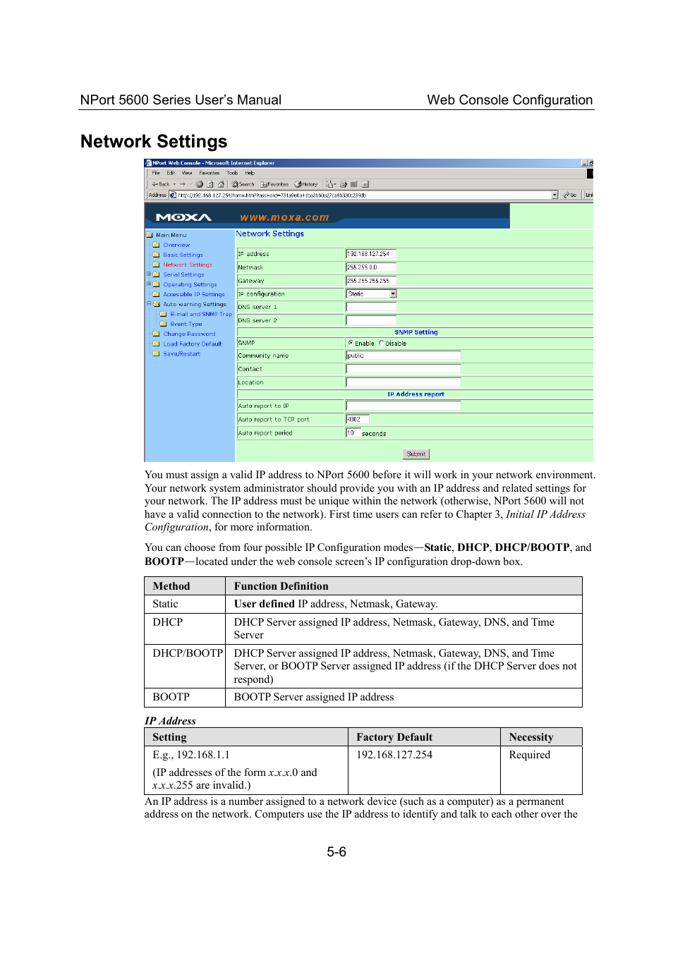 Network settings, Network settings -6 | Moxa Technologies 5600 User Manual | Page 32 / 93