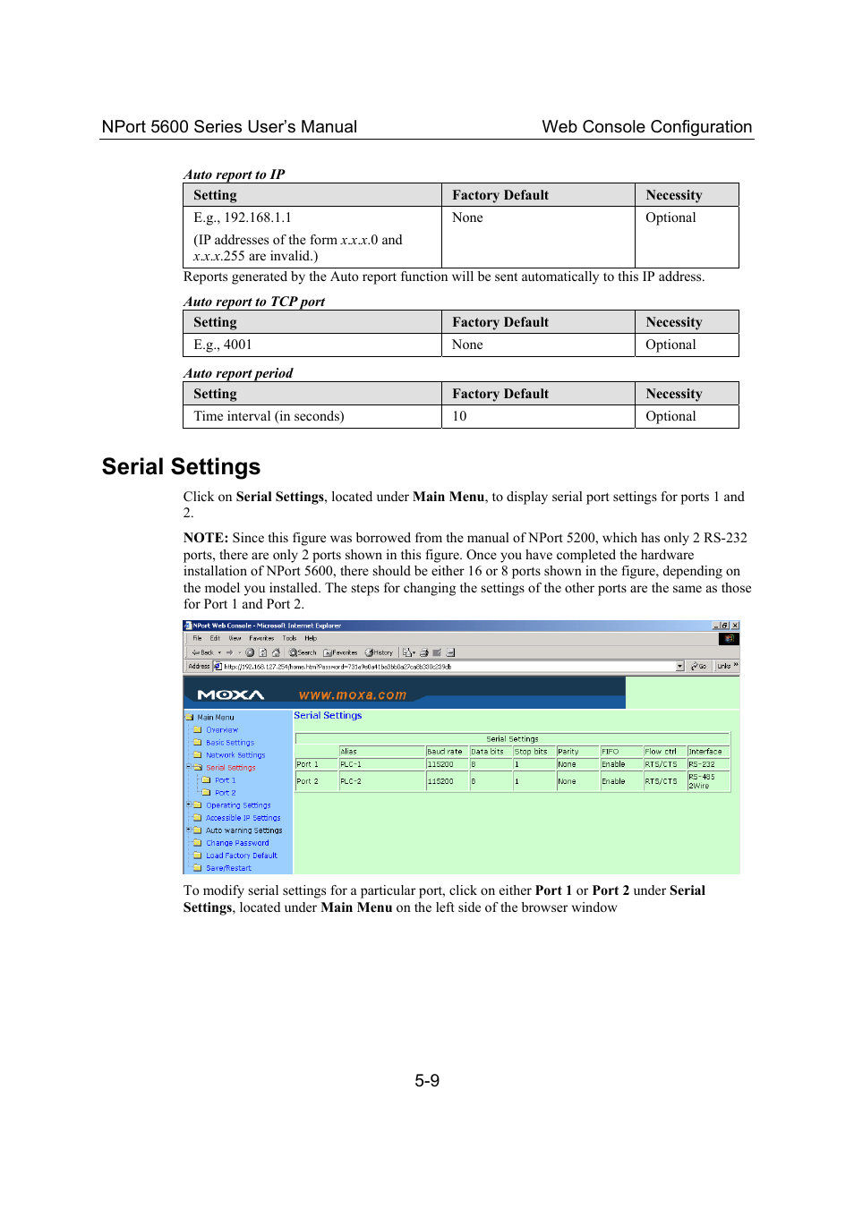 Serial settings, Serial settings -9 | Moxa Technologies 5600 User Manual | Page 35 / 93