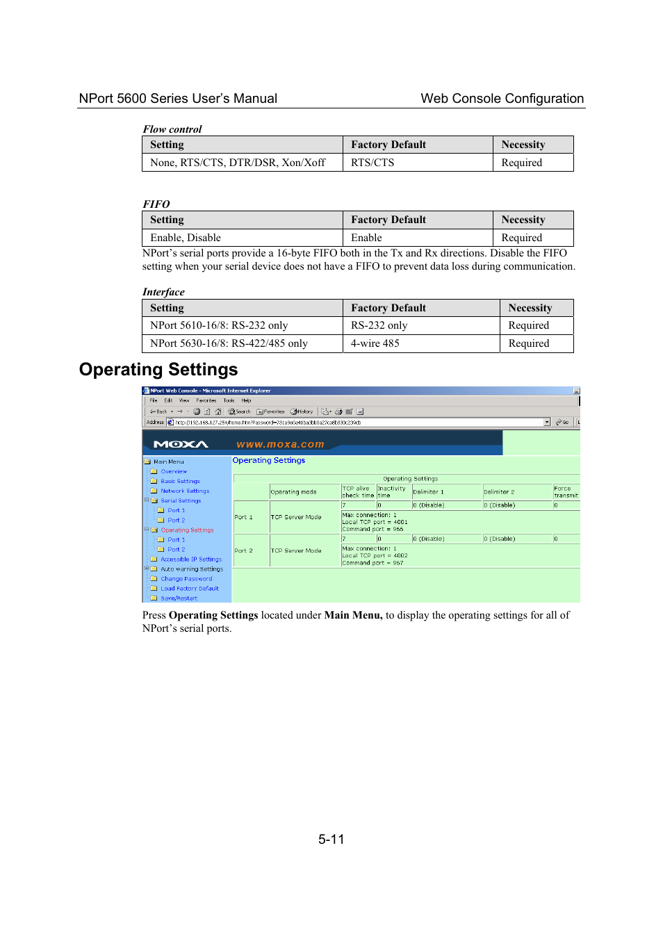 Operating settings, Operating settings -11 | Moxa Technologies 5600 User Manual | Page 37 / 93