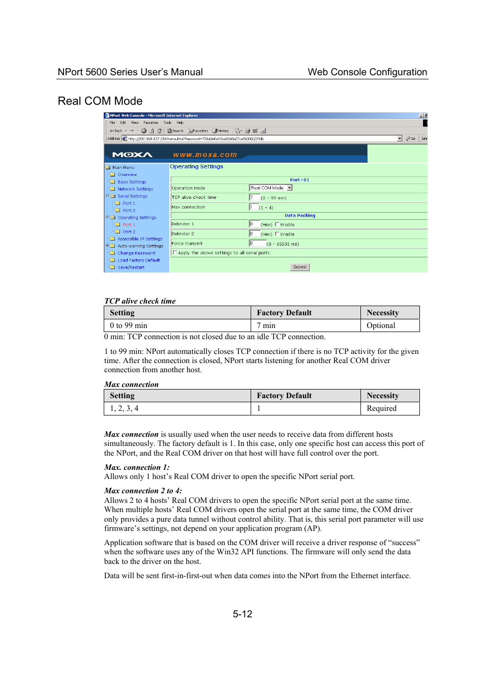 Real com mode, Real com mode -12 | Moxa Technologies 5600 User Manual | Page 38 / 93