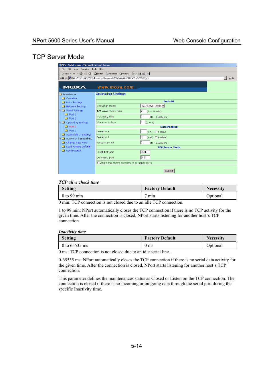 Tcp server mode, Tcp server mode -14 | Moxa Technologies 5600 User Manual | Page 40 / 93