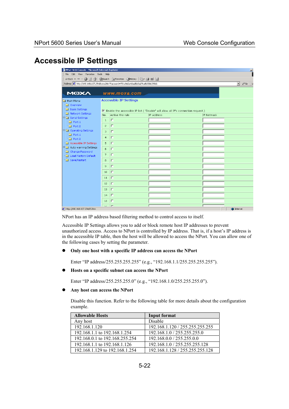 Accessible ip settings, Accessible ip settings -22 | Moxa Technologies 5600 User Manual | Page 48 / 93