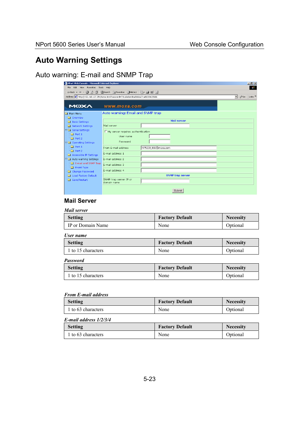 Auto warning settings, Auto warning: e-mail and snmp trap, Auto warning settings -23 | Auto warning: e-mail and snmp trap -23 | Moxa Technologies 5600 User Manual | Page 49 / 93