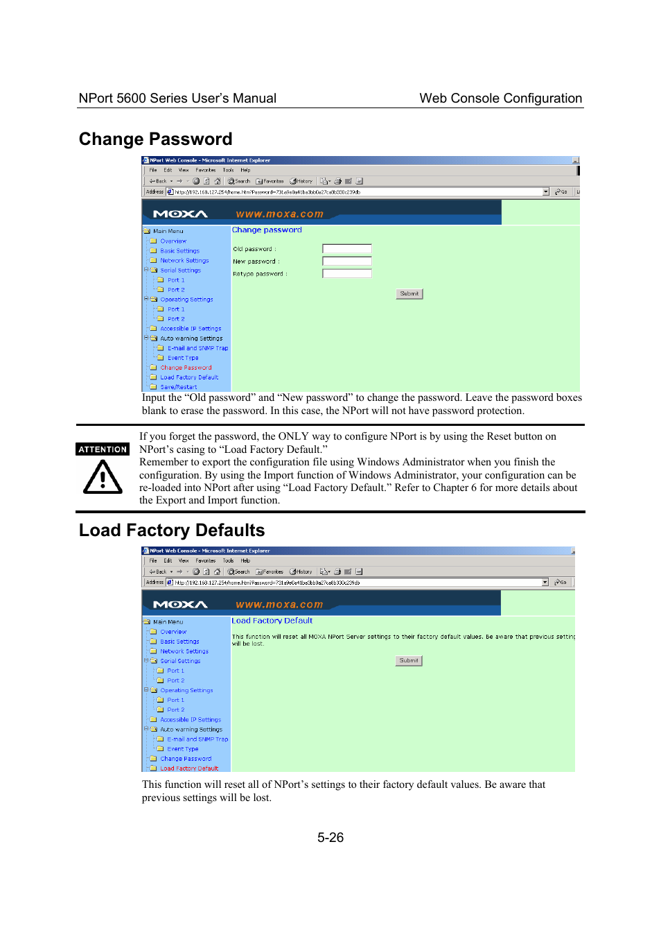 Change password, Load factory defaults, Change password -26 | Load factory defaults -26 | Moxa Technologies 5600 User Manual | Page 52 / 93