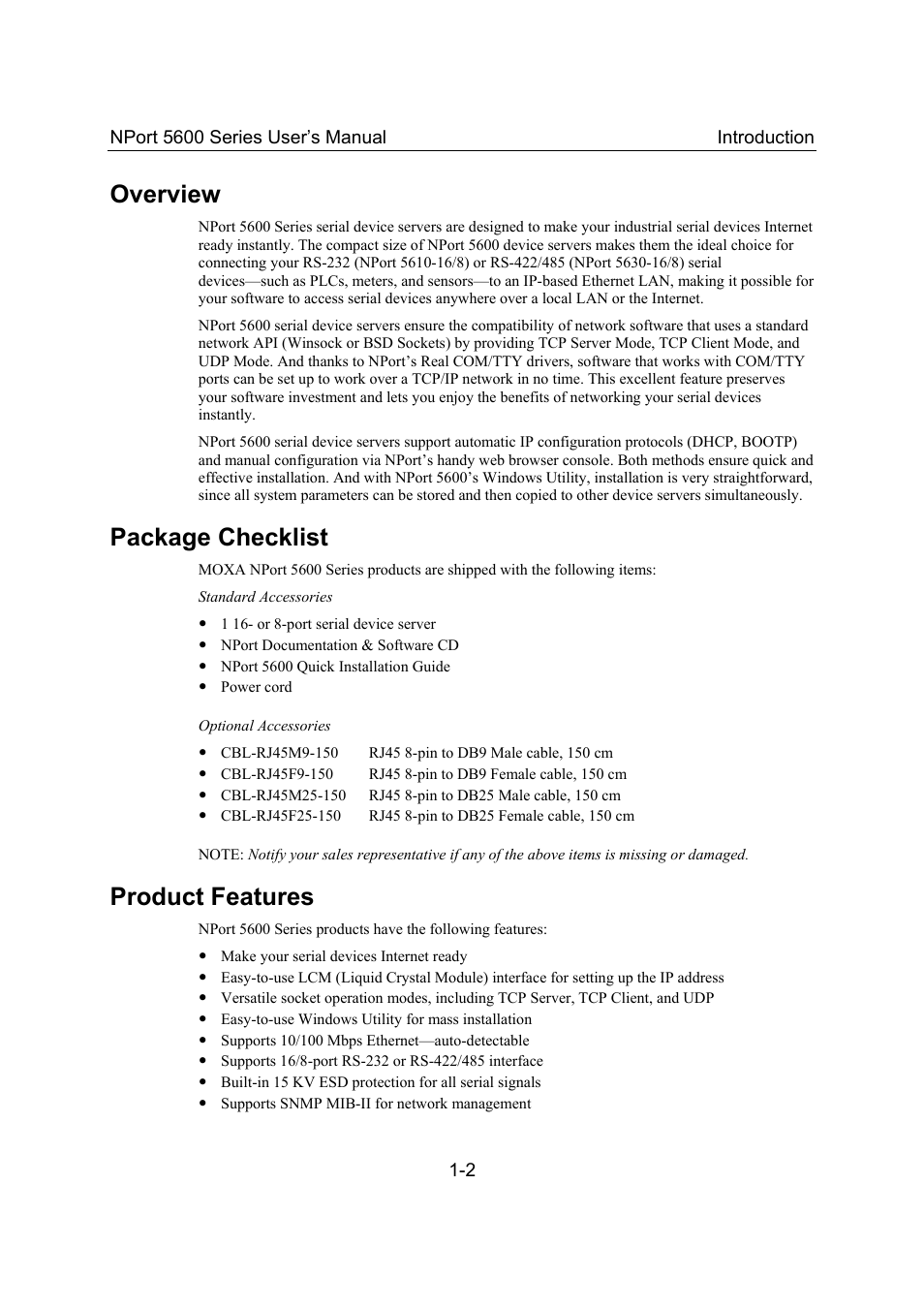 Overview, Package checklist, Product features | Overview -2, Package checklist -2, Product features -2 | Moxa Technologies 5600 User Manual | Page 6 / 93