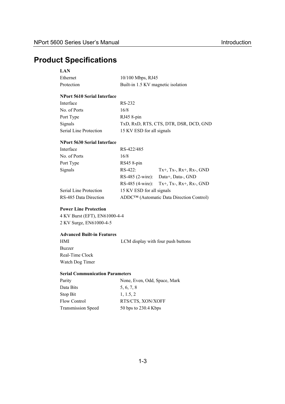 Product specifications, Product specifications -3, Nport 5600 series user’s manual introduction | Moxa Technologies 5600 User Manual | Page 7 / 93