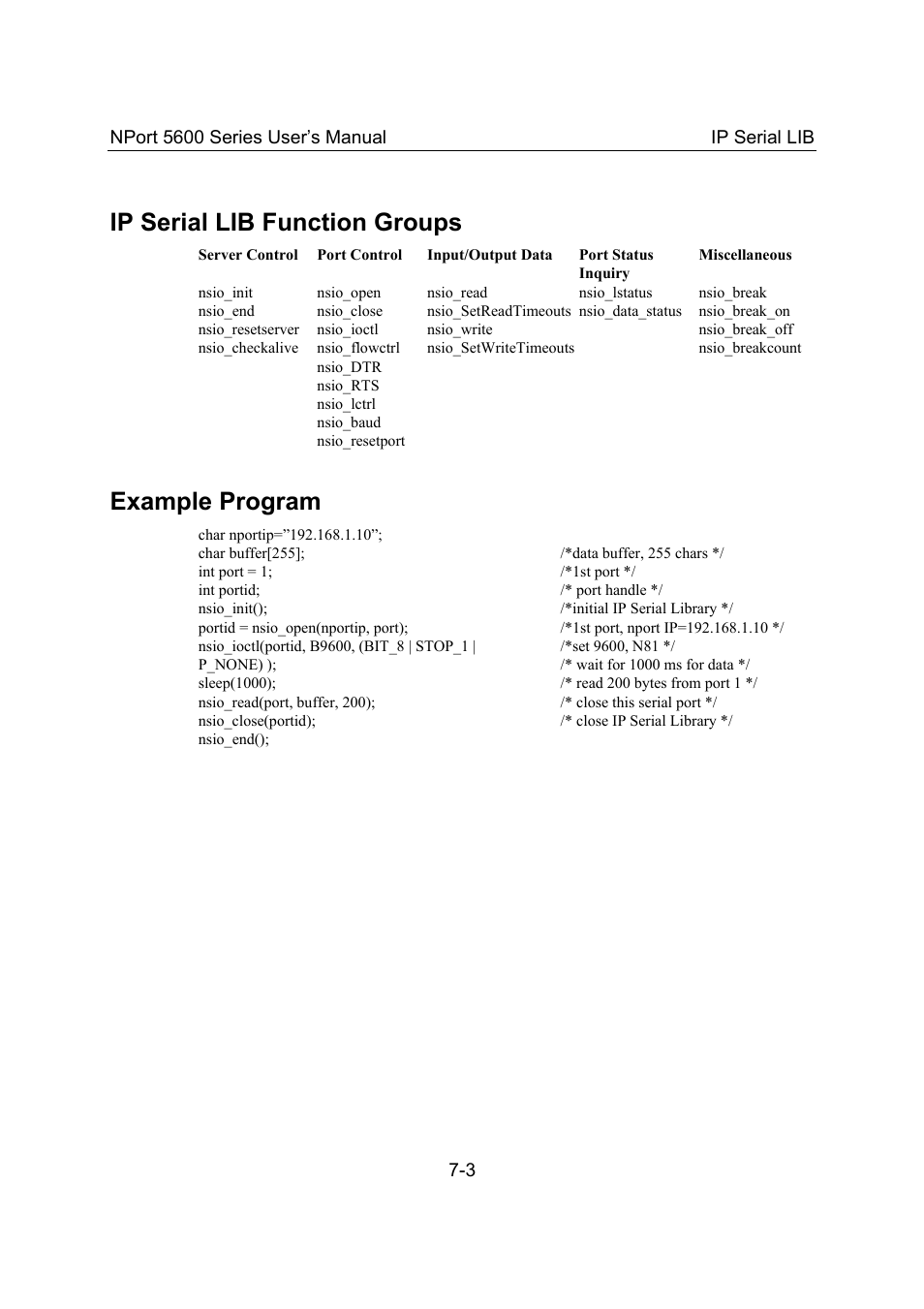 Ip serial lib function groups, Example program, Ip serial lib function groups -3 | Example program -3 | Moxa Technologies 5600 User Manual | Page 73 / 93
