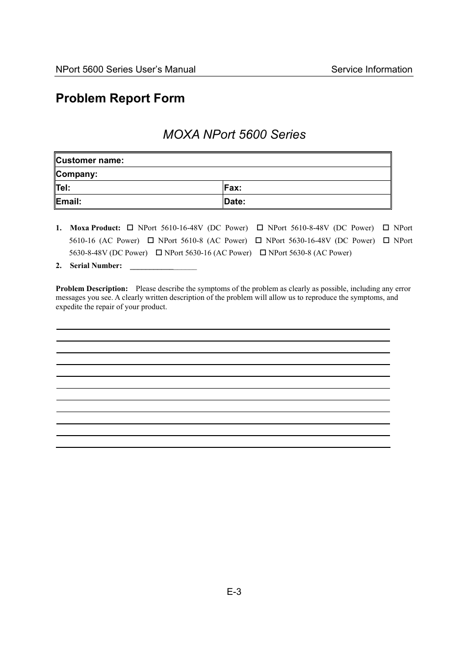 Problem report form, Problem report form moxa nport 5600 series | Moxa Technologies 5600 User Manual | Page 91 / 93