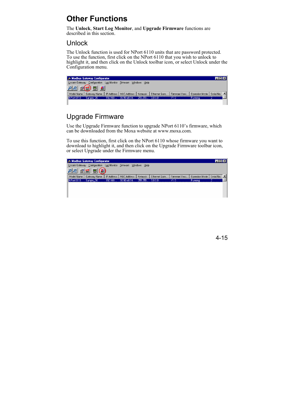 Other functions, Unlock, Upgrade firmware | Other functions -15, Unlock -15, Upgrade firmware -15 | Moxa Technologies 6110 User Manual | Page 41 / 52