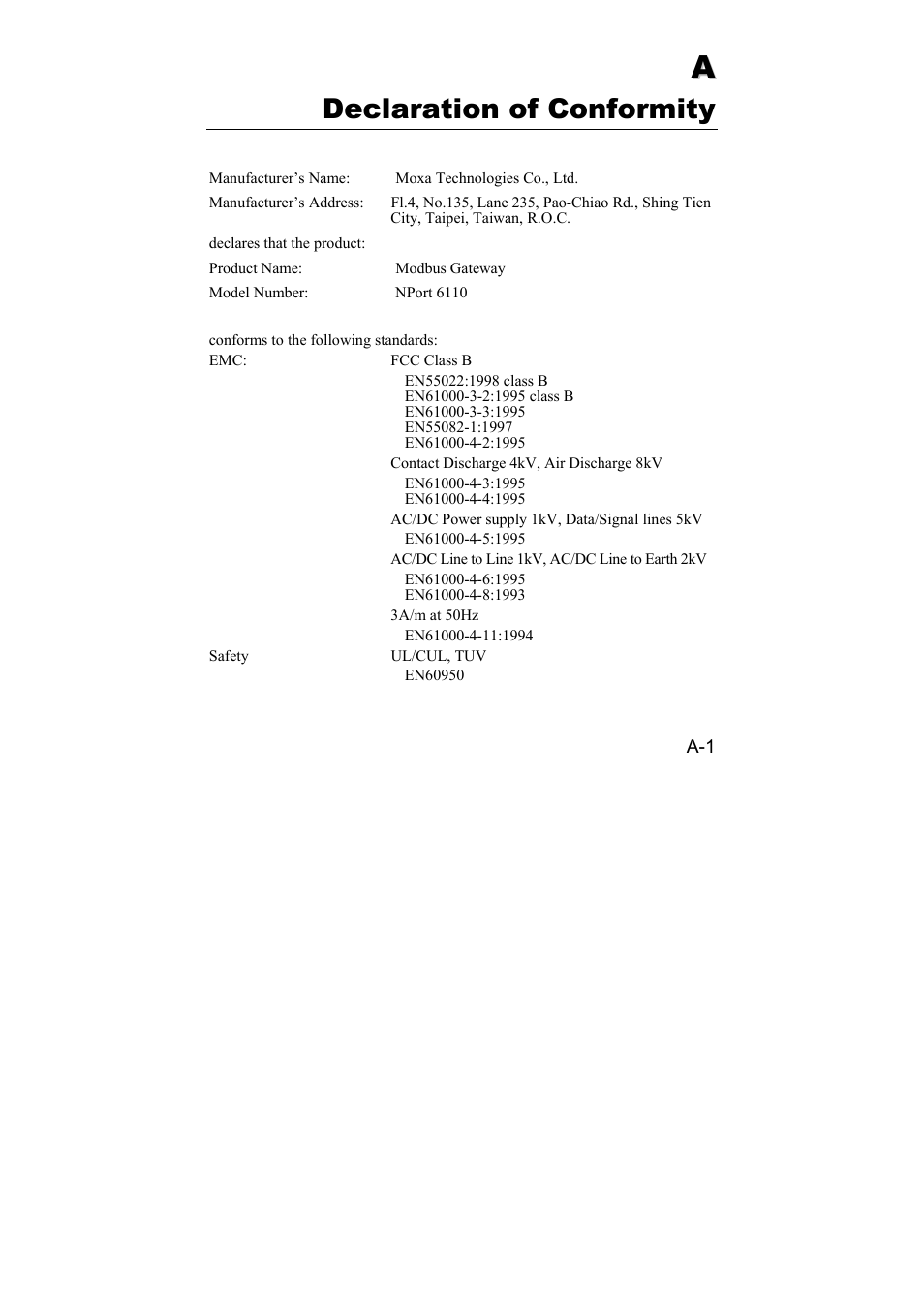 A. declaration of conformity, Declaration of conformity | Moxa Technologies 6110 User Manual | Page 49 / 52
