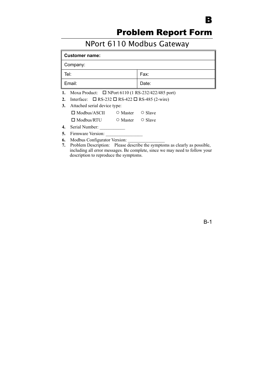 B. problem report form, Problem, Report | Form, Nport 6110 modbus gateway | Moxa Technologies 6110 User Manual | Page 51 / 52