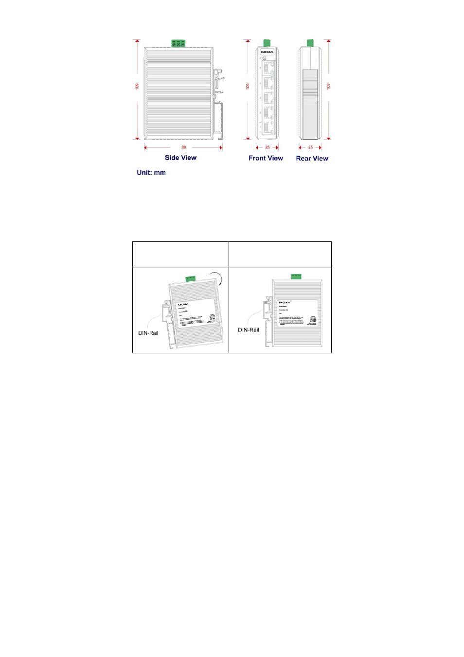 Din-rail mounting, Mounting dimensions | Moxa Technologies EDS-205 User Manual | Page 4 / 10