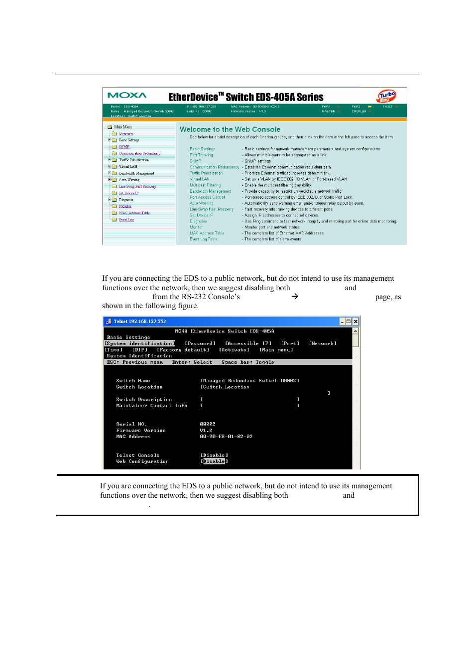 Disabling telnet and browser access, Disabling telnet and browser access -8 | Moxa Technologies Moxa EtherDevice Switch EDS-405A User Manual | Page 15 / 82