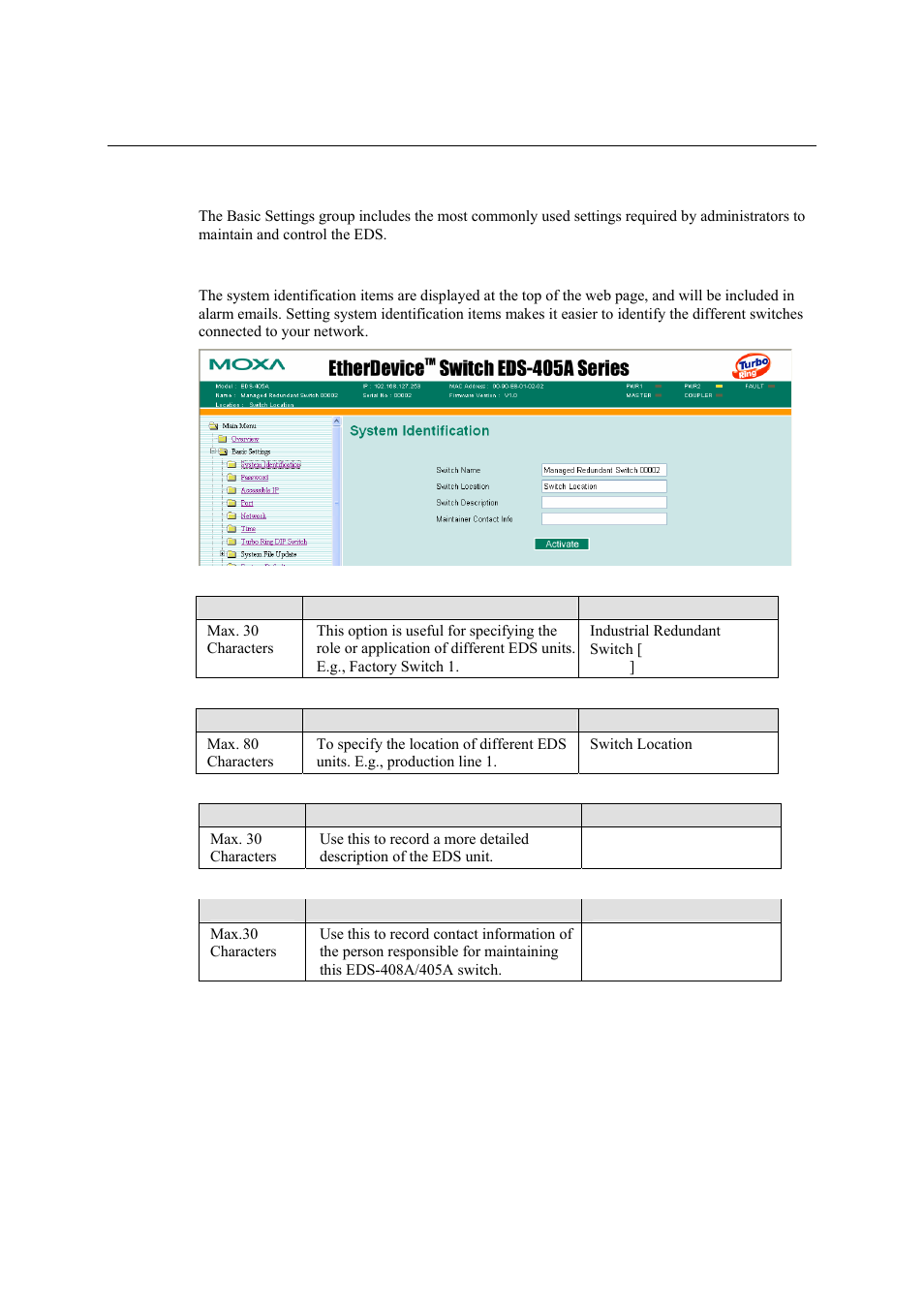 Configuring basic settings, System identification, Configuring basic settings -2 | System identification -2 | Moxa Technologies Moxa EtherDevice Switch EDS-405A User Manual | Page 17 / 82