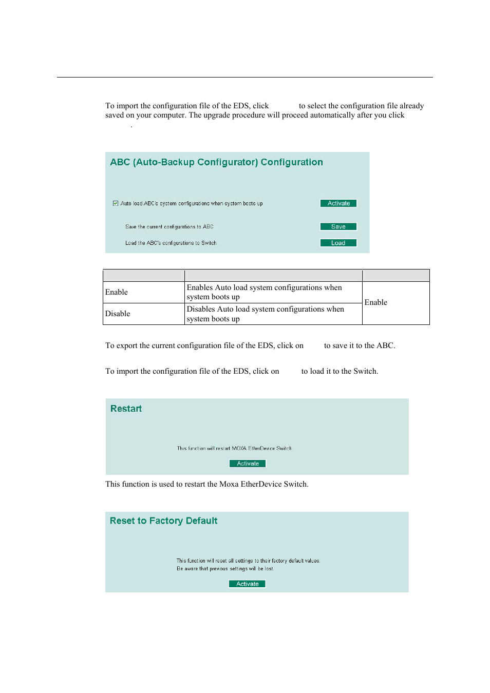 System file update—by backup media, Restart, Factory default | System file update—by backup media -14, Restart -14, Factory default -14 | Moxa Technologies Moxa EtherDevice Switch EDS-405A User Manual | Page 29 / 82
