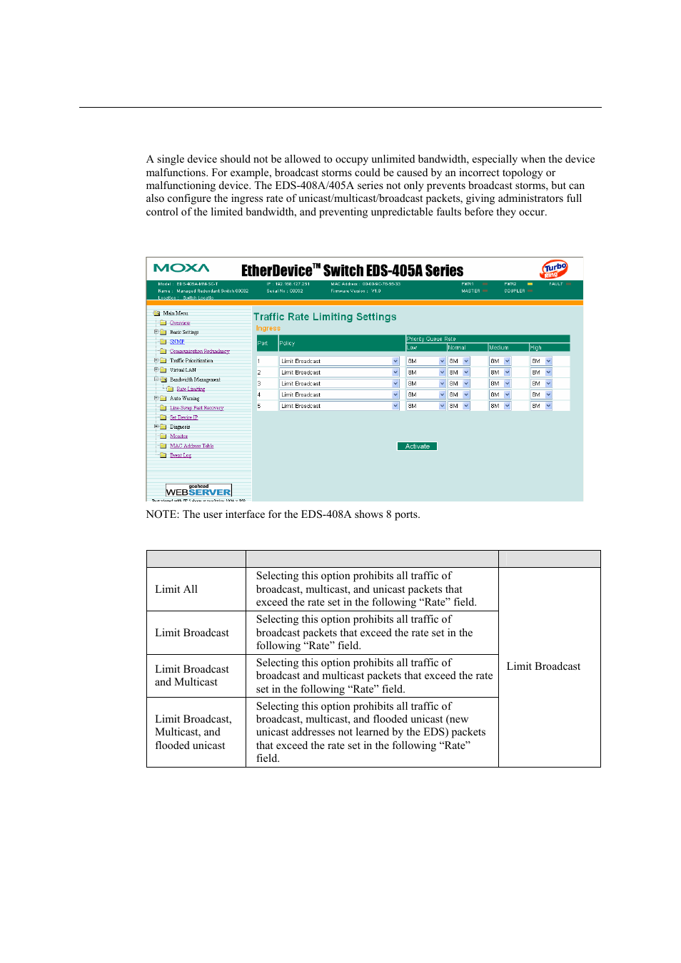 Using rate limiting, Configuring rate limiting, Using rate limiting -43 | Configuring rate limiting -43 | Moxa Technologies Moxa EtherDevice Switch EDS-405A User Manual | Page 58 / 82