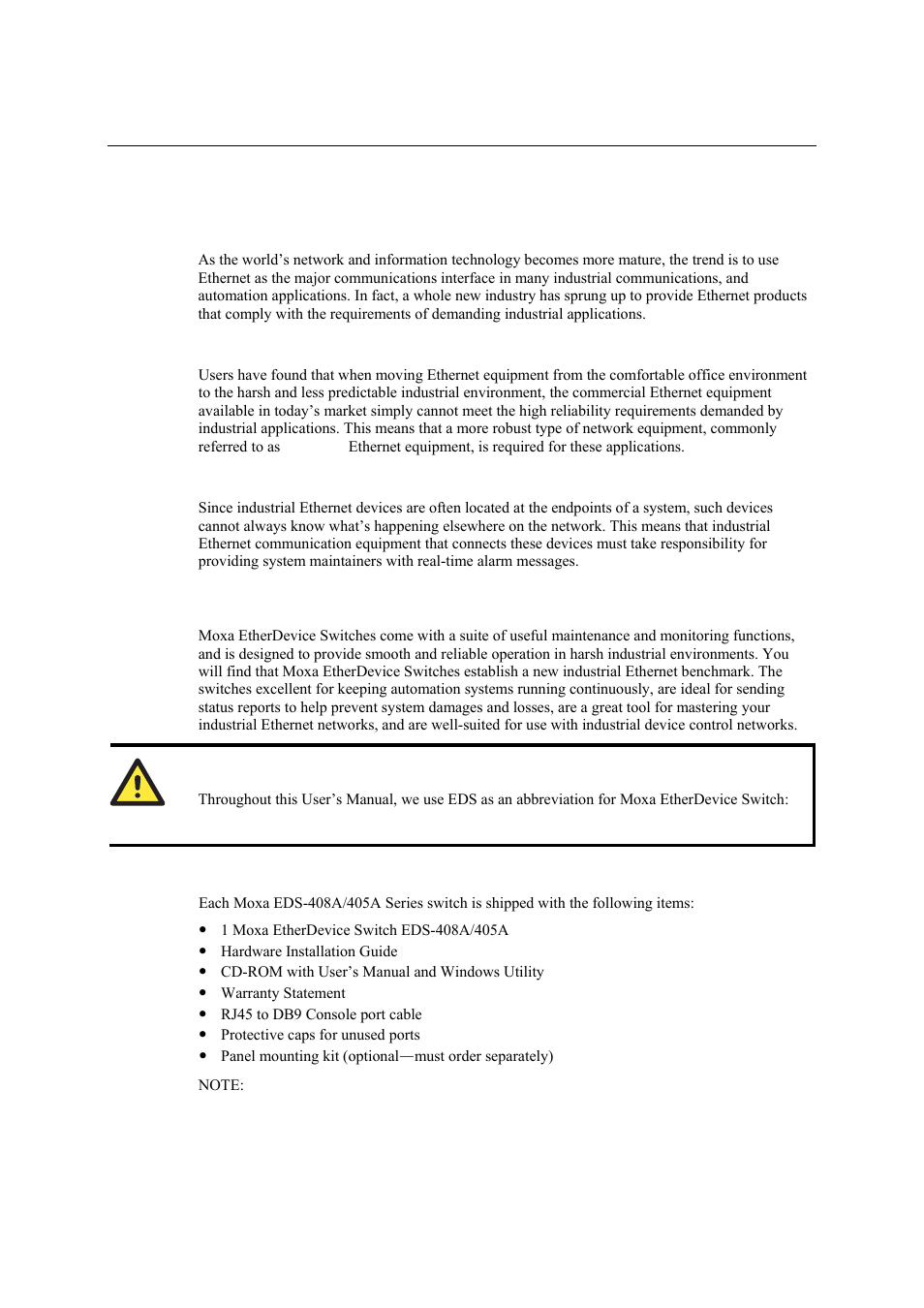 Industrial vs. commercial, Informative vs. passive, Moxa etherdevice™ switch | Package checklist, Industrial vs. commercial -2, Informative vs. passive -2, Moxa etherdevice™ switch -2, Package checklist -2 | Moxa Technologies Moxa EtherDevice Switch EDS-405A User Manual | Page 6 / 82