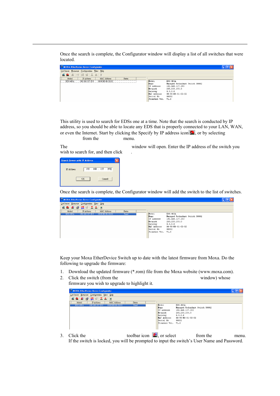 Search by ip address, Upgrade firmware | Moxa Technologies Moxa EtherDevice Switch EDS-405A User Manual | Page 74 / 82