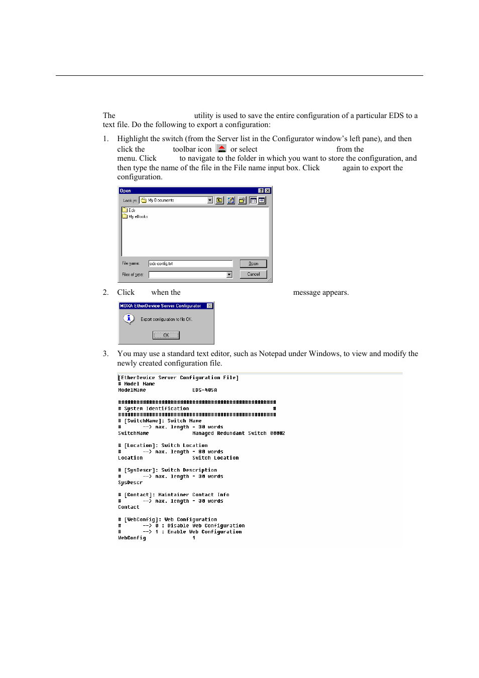 Export configuration | Moxa Technologies Moxa EtherDevice Switch EDS-405A User Manual | Page 76 / 82