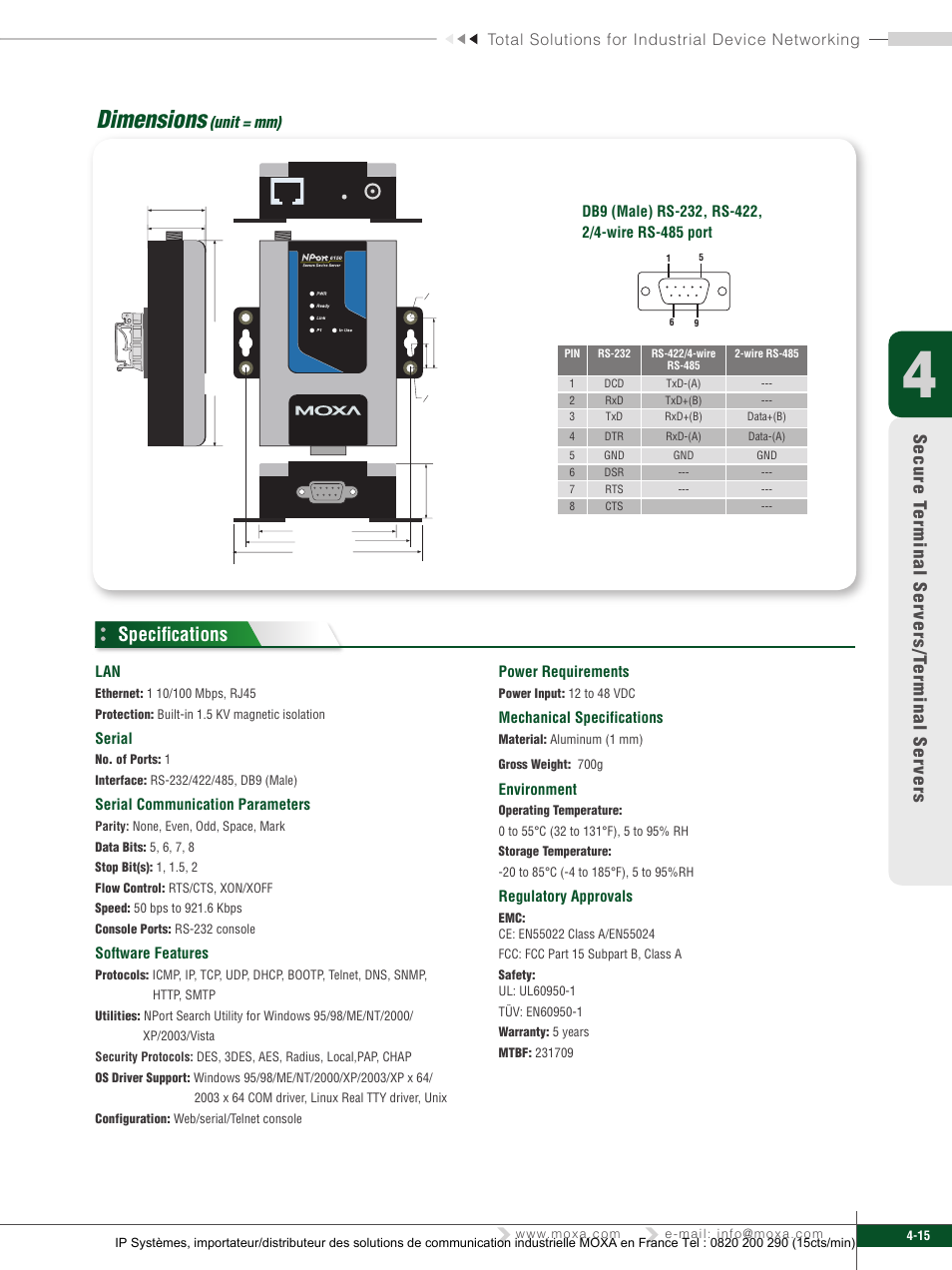 Dimensions, Specifications | Moxa Technologies 6450 User Manual | Page 15 / 30