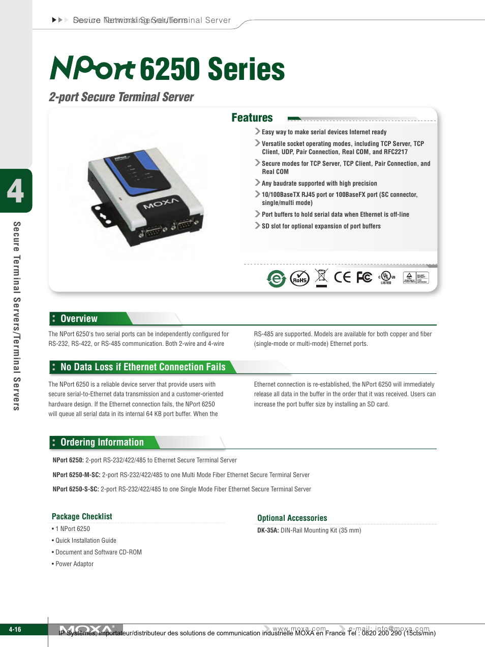 6250 series, Port secure terminal server, Features | Moxa Technologies 6450 User Manual | Page 16 / 30