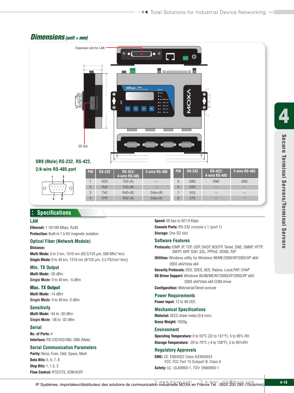 Dimensions, Specifications | Moxa Technologies 6450 User Manual | Page 19 / 30