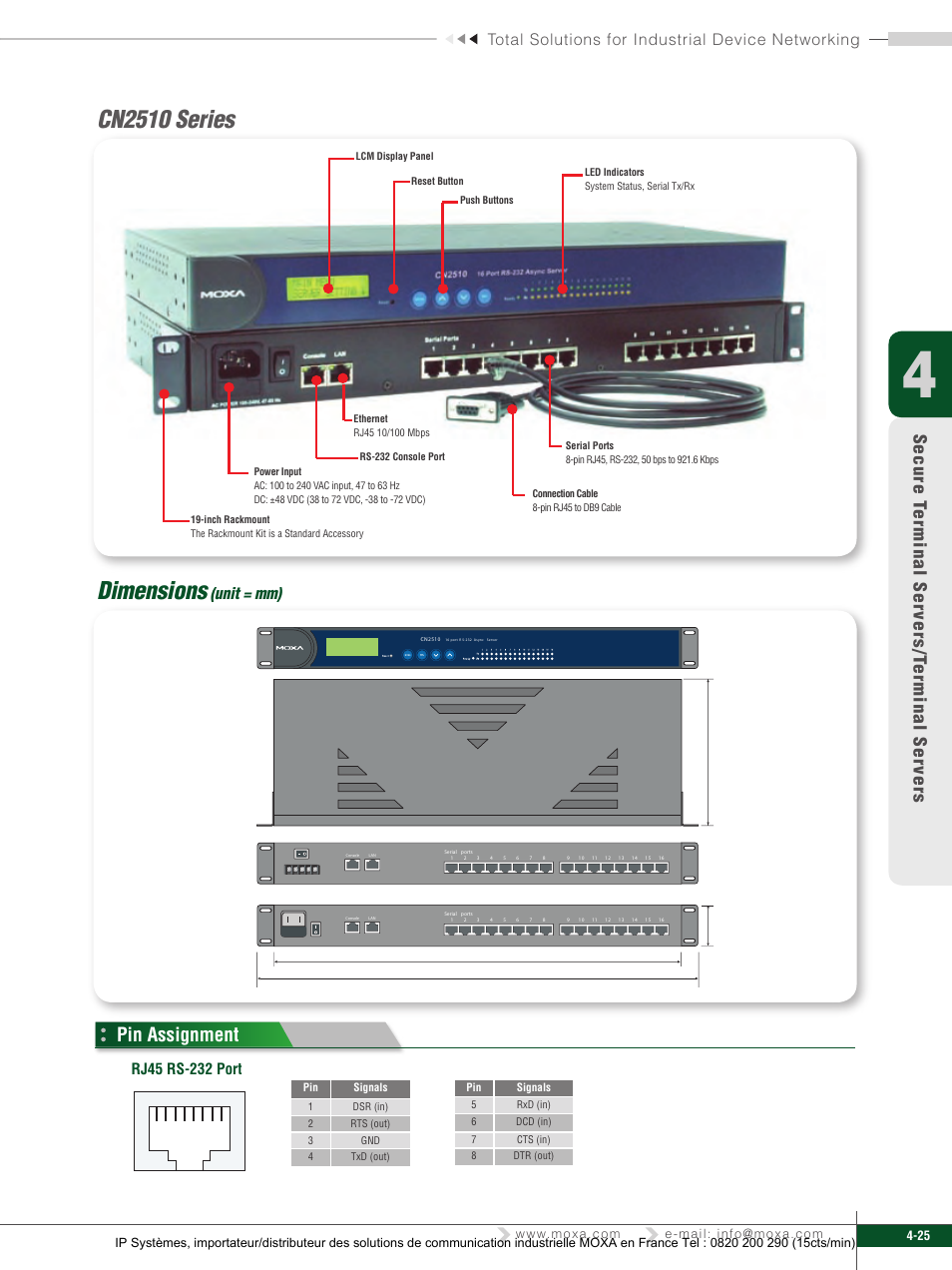 Cn2510 series, Dimensions, Pin assignment | Total solutions for industrial device networking, Unit = mm), Rj4 rs- port | Moxa Technologies 6450 User Manual | Page 25 / 30