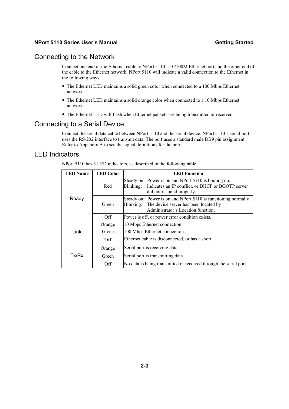 Connecting to the network, Connecting to a serial device, Led indicators | Connecting to the network -3, Connecting to a serial device -3, Led indicators -3 | Moxa Technologies NPort 5110 Series User Manual | Page 10 / 101