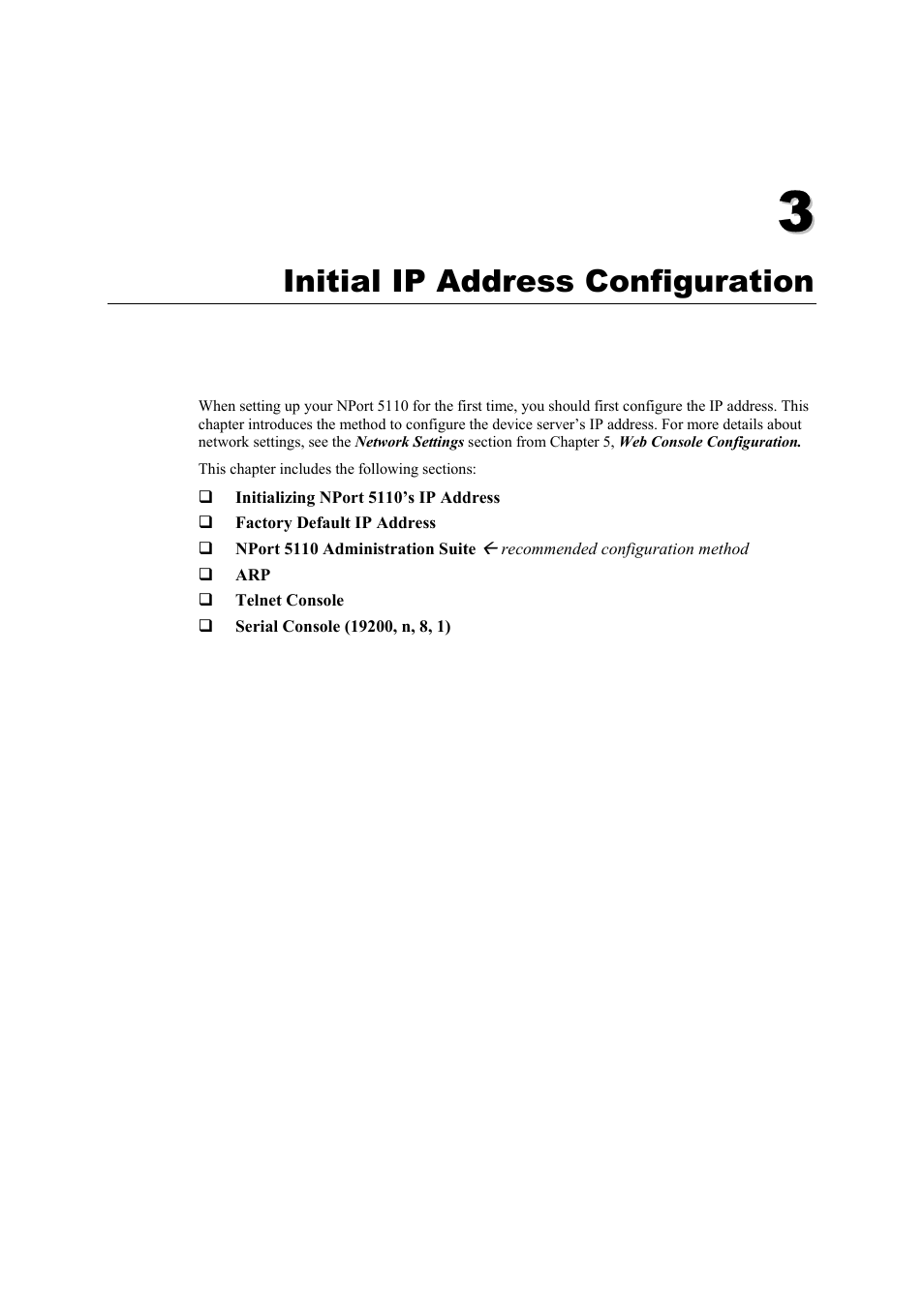 Initial ip address configuration, Chapter 3, Initial ip address configuration -1 | Moxa Technologies NPort 5110 Series User Manual | Page 11 / 101