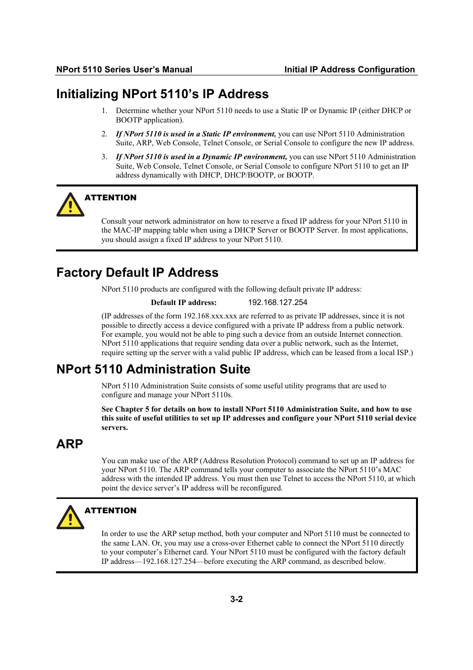 Initializing nport 5110¡¦s ip address, Factory default ip address, Nport 5110 administration suite | Initializing nport 5110’s ip address -2, Factory default ip address -2, Nport 5110 administration suite -2, Arp -2, Initializing nport 5110’s ip address | Moxa Technologies NPort 5110 Series User Manual | Page 12 / 101