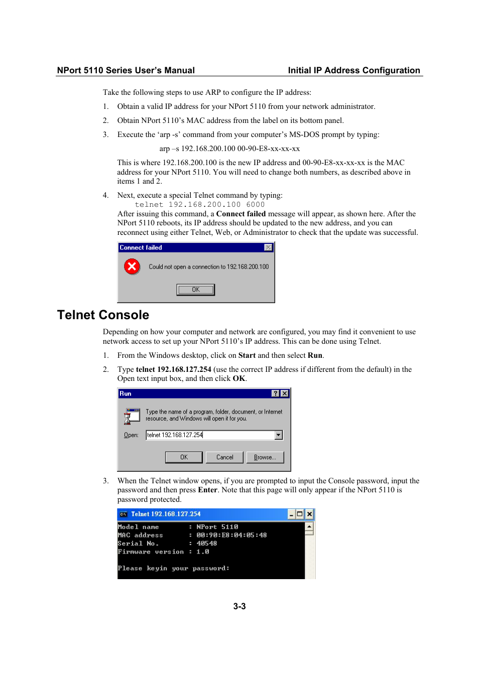 Telnet console, Telnet console -3 | Moxa Technologies NPort 5110 Series User Manual | Page 13 / 101