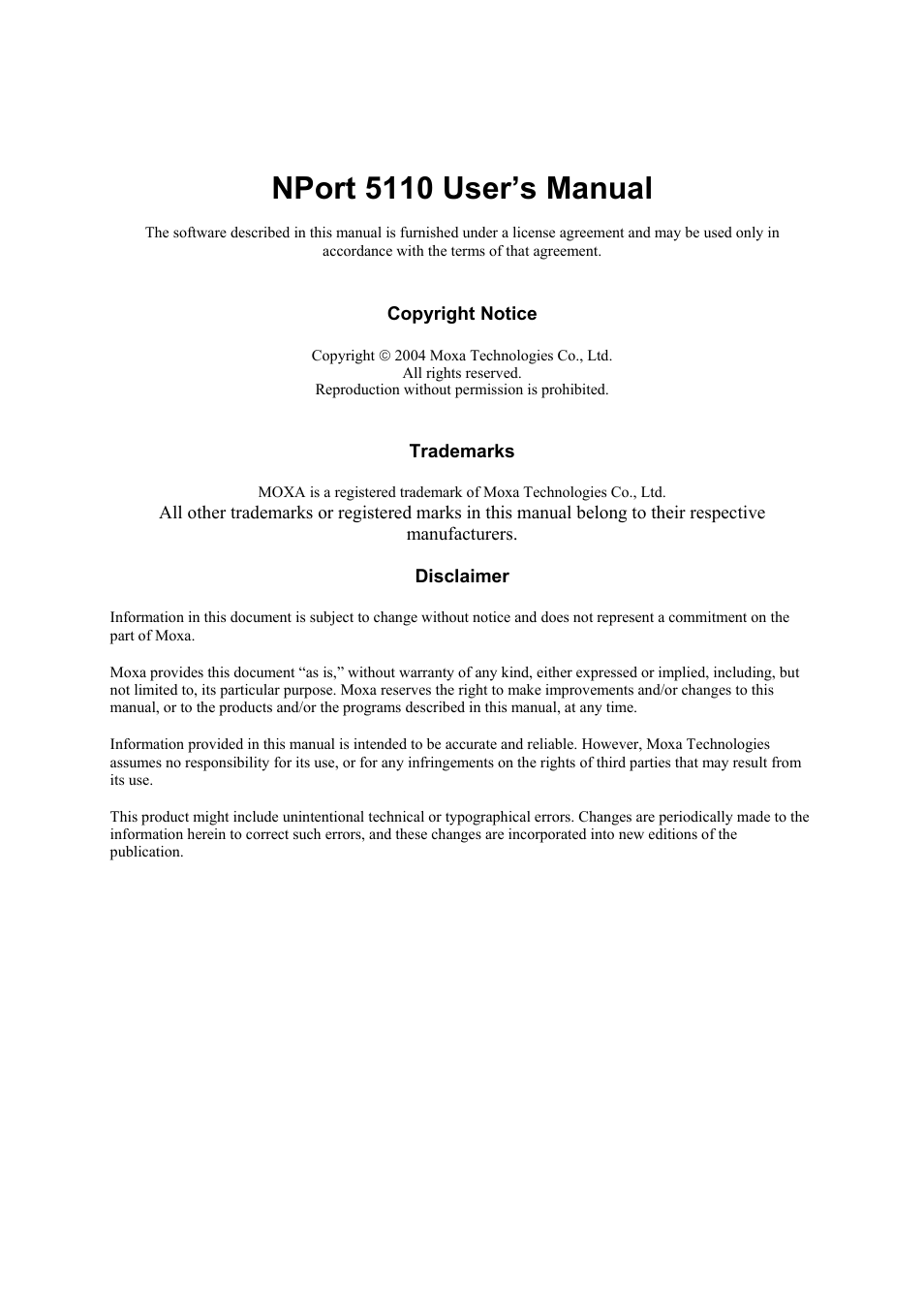 Nport 5110 user’s manual | Moxa Technologies NPort 5110 Series User Manual | Page 2 / 101