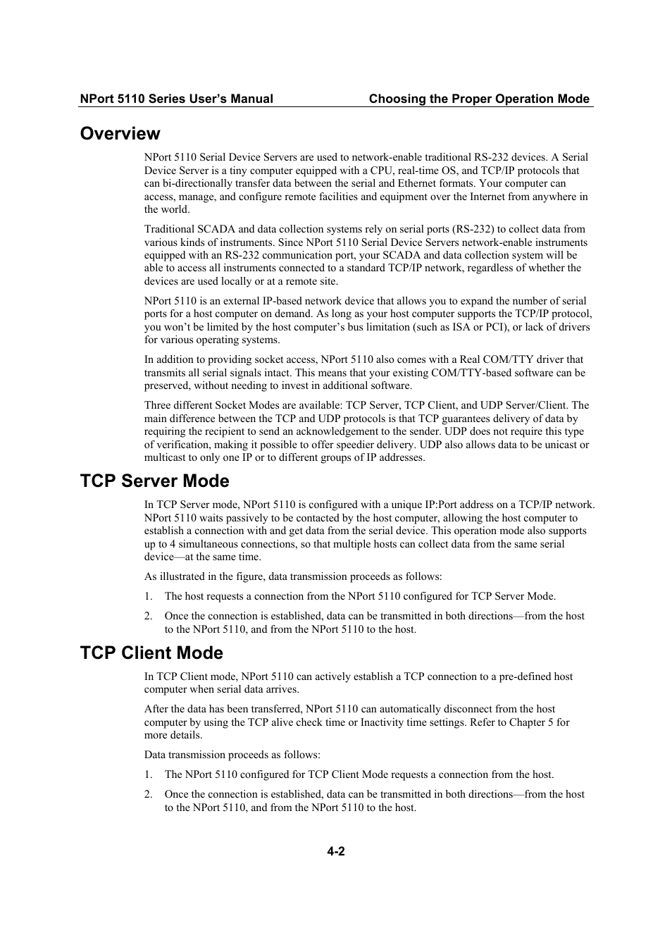 Overview, Tcp server mode, Tcp client mode | Overview -2, Tcp server mode -2, Tcp client mode -2 | Moxa Technologies NPort 5110 Series User Manual | Page 20 / 101