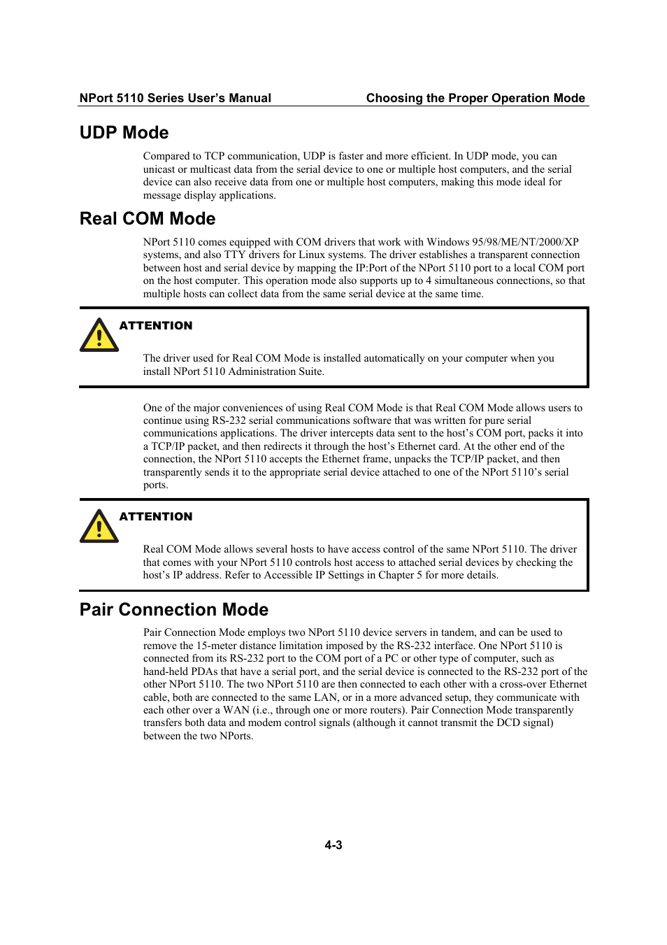 Udp mode, Real com mode, Pair connection mode | Udp mode -3, Real com mode -3, Pair connection mode -3 | Moxa Technologies NPort 5110 Series User Manual | Page 21 / 101
